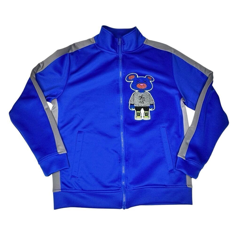 RARE Rebel Minds Sz M Mens Track Jacket Blue White Teddy Bear Patch Full Zip